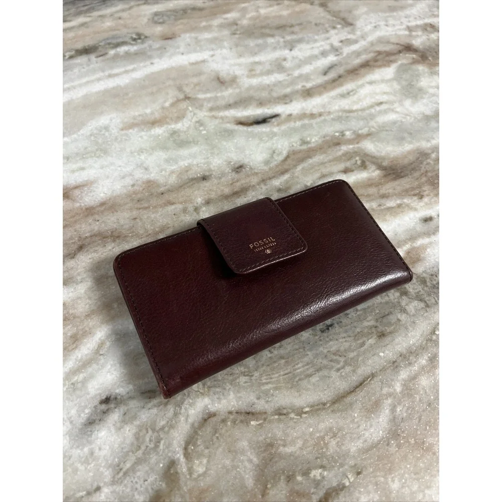 FOSSIL‎ Logan Tab Leather Card Holder Wallet Clutch Burgundy Maroon